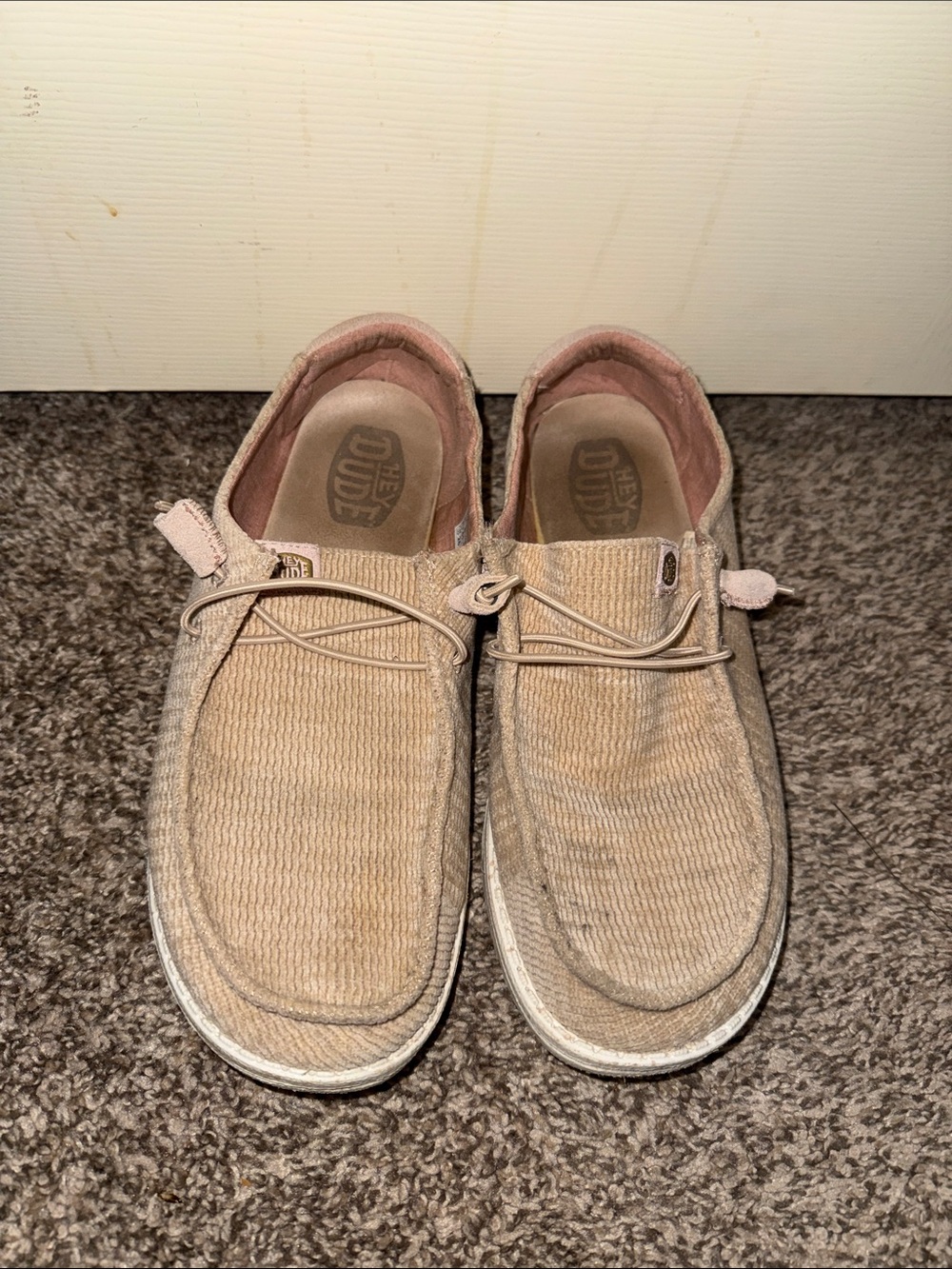 Hey Dude Women’s Slip-On Loafers in Light Pink and Beige corduroy
